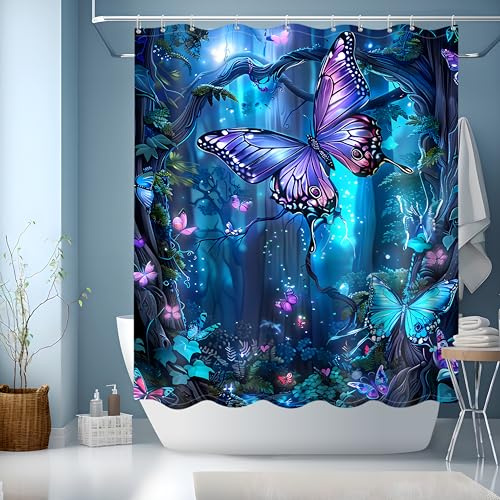 Duschvorhang Blau,Duschvorhang 150x180,Badevorhang Bunt Duschvorhänge mit Motiv für Badezimmer Badewanne,Badevorhang Wasserdicht und Schnell Trocknend,Badewannenvorhang mit 12 Duschvorhangringe