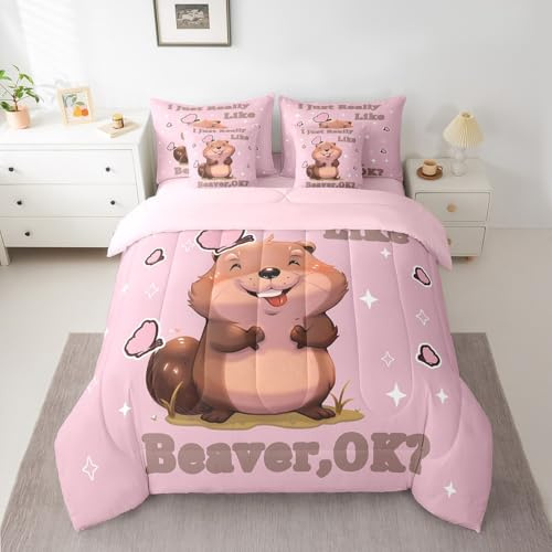 Cartoon Beaver Bedding Set Queen Size 7 Pcs,Cute Beaver Animals Bed Set Kawaii Wildlife Comforter Set with Sheets, Bed in a Bag with Comforter,Sheets,Pillowcases & Cushion Cover Room Decor