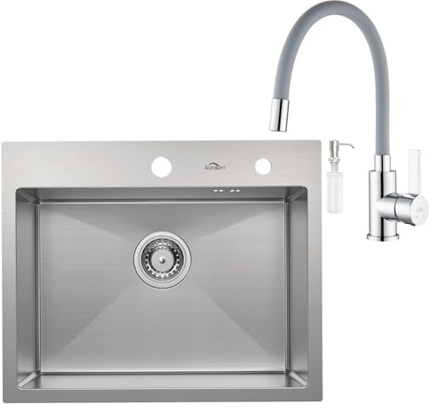Auralum Spülbecken Edelstahl 55x45cm + Flexibler Küchenarmatur, Spüle Küche inkl. Seifenspender und Siphon, Spülbecken mit Armatur Küche Set