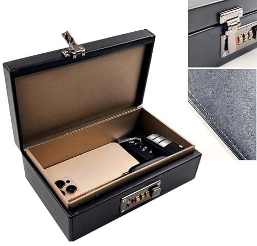 Daily Treasures Faraday-Box mit Kombinationsschloss, Signalblocker-Box für 7-9 Autoschlüssel, Großes RFID-Blocker-Gehäuse in Lederoptik, Keyless-Go-Schutzbox für Auto-Funkschlüssel & Kreditkarten
