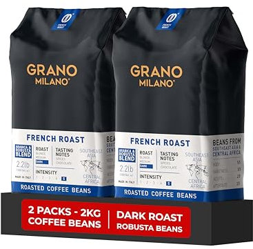 Grano Milano Coffee Beans 2kg (2 x 1kg Bags) French Roast Robusta Blend, Dark Roast, Intensity 10/10 Extra Strong Coffee, Made in Italy