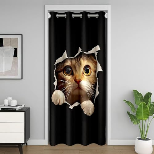 Loussiesd Katze Türvorhang 106x203cm 3D Tier Druck Vorhang Kinder Niedliche Katze Vorhang Tier Haustier Vorhang für Junge Mädchen Vorhang Orange Katze Isolierter Wärmevorhang Schwarz