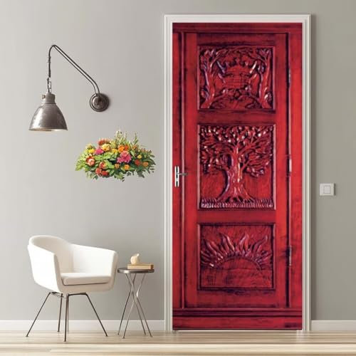 Türfolie Selbstklebend 3D Türaufkleber Rot Hölzerne Tür Türtapete Selbstklebend Türposter 77X200 cm Türverkleidung Türtattoo Poster Abnehmbar Fototapete für Wohnzimmer Schlafzimmer Küche Bad -MT946