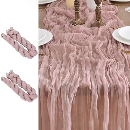 LUKDUNG 2 Stück Tischläufer, Seihtuch Tischläufer, Boho Gaze Stoff Käsetuch, Rustikaler Tischdecke für Hochzeitsdeko Tischdeko, 90 x 300 cm (Staubiges Rosa, 90 x 300 cm, 2 Stück)