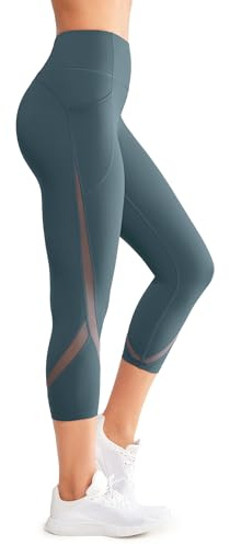 Yvette Legging de Sport 3/4 pour Femme Capri Imperméable à la lumière avec Maille Taille Haute Contrôle du Ventre Gris S