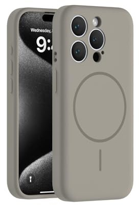 Jacyren Custodia magnetica per iPhone 15 Pro Max, compatibile con Mag-Safe, in silicone liquido, con protezione per fotocamera integrata, antiurto, per iPhone 15 Pro Max, grigio