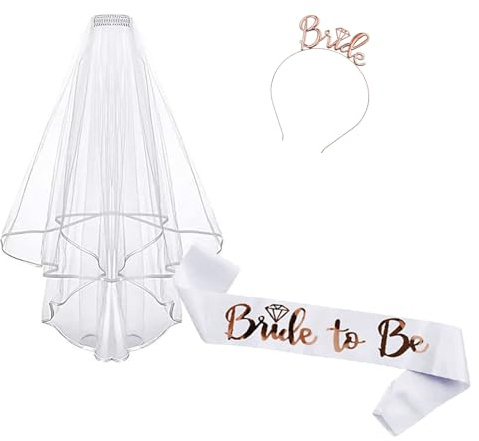 Gleemix Bride to Be Schärpe Schleier Set, Jga Accessoires Frauen | Bride Haarreif, Schärpe, Schleier, Jungesellinenabschied Accessoires für Hochzeit, Bachelorette Party, Brautparty