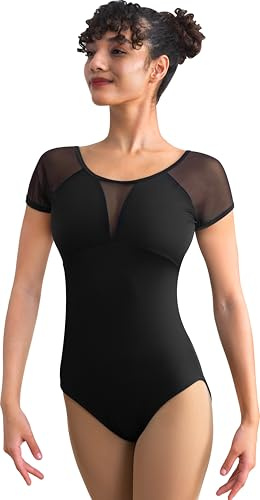 DANSHOW Women Dance Leotard Short Sleeve Mesh Ballet，Built-in Chest Pads Pockets And Roud Back Black Bodysuit(237105-06-S)