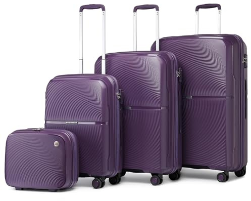 British Traveller Koffer Set 4 Teilig, Kosmetikkoffer+Handgepäckkoffer+Mittelgroßer Koffer+Groß Koffer mit 4 Rollen, Lila