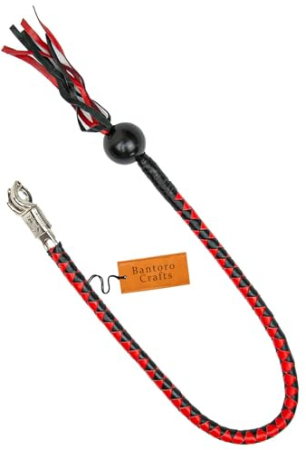 42 frusta da moto in vera pelle, nero e rosso, Get Back Whip con vera palla da biliardo – Frusta da moto in pelle intrecciata a mano con pennello e fibbia