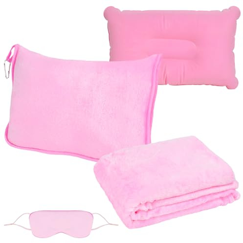 WEFHEF Coperta da Viaggio Rosa con Federa Morbida, Coperta da Viaggio Aereo 2 in 1, Coperta Portatile per Auto