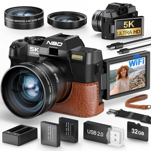 NBD Cámara Digital 5K 64MP con Enfoque Automático, Zoom 16X, Pantalla Abatible 3 180°, WiFi – Lente Gran Angular/Macro + Tarjeta 32GB + 2 Baterías (Negro)