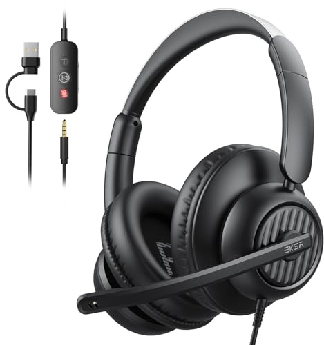 EKSA H8 USB Headset with Microphone for PC Laptop, Computer Headphones with Mic Noise Cancelling, Stereo Sound, In-Line Controls, 3.5mm/USB A/USB C Wired Over-Ear Headphones for Office Teams Home