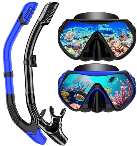 Schnorchelset Erwachsene, Schnorcheln Set mit Anti-Fog Taucherbrille und Dry Schnorchel, Professionelle Schnorchelmaske Tauchmaske aus Gehärtetem Glas für Schnorcheln (Blue+Black)