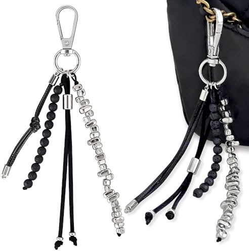 Schwarz Vulkanstein Schlüsselanhänger Karabiner Schlüsselanhänger Perlen mit Quasten Seil Taschenanhänger Damen Autoschlüsselanhänger Handyanhänger Rucksack Anhänger Schulranzen Keychain Bag Charms