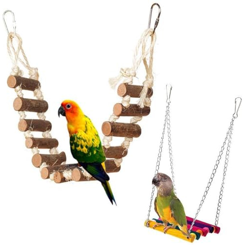 Kathson Vogel-Sittichspielzeug, Vogel-Seil-Leiter-Schaukel-Hängematte-Spielzeug, aus Naturholz und Seil, Sittichkäfig-Zubehör für Papageien, Wellensittiche, Conure und Nymphensittiche (2 Stück)