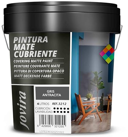 JOVIRA PINTURAS Pintura Mate Cubriente | Colores | Pintura interior-exterior con excelente poder cubriente. (4 Litros, Gris Antracita)-T