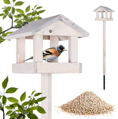 PATKAR Vogelhaus Futterhaus für Vögel mit Ständer aus Kieferholz - Vogelfutterhaus Vogelfutterstation für Singvögel Wildvögel Vogel Futterstation + 500g Futter Gratis