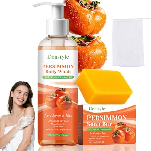 Kit savon et gel douche de kaki – Désodorisant contre l'odeur de vieillissement, les pieds transpirants et les odeurs corporelles, nettoyage doux pour la peau, pour hommes et femmes, 100 g + 120 ml