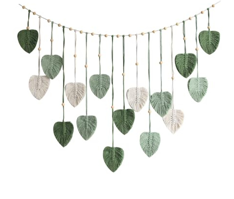 Makramee Wandbehang, 120x75cm, Boho Wandteppich, Wohnzimmer Schlafzimmer | Handgewebter, mit Blättern & Holzperlen, grüne Deko hängend, Kinderzimmer, Wanddeko, Flur