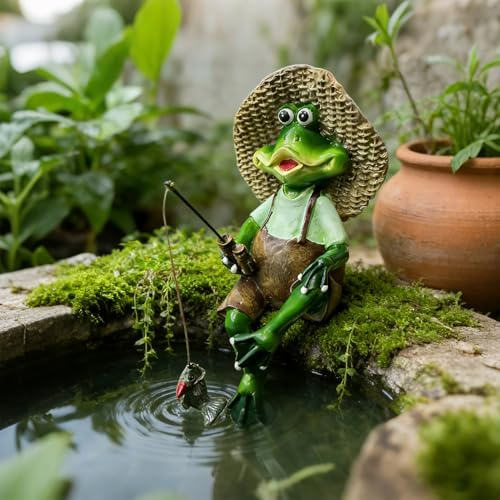 Talleros Gartendeko für Draußen Wetterfest Frosch Angeln Figur, Miniteich Deko Teichdeko Angler Frosch Figuren, Gartenstatuen Frösche Gartenfiguren Harz Statue für Blumentopf Hof Balkon Garten (A)