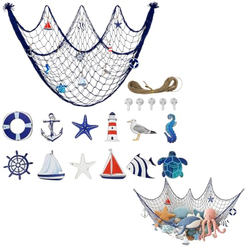 Wafuesh Red de pesca decorativa de 100 x 200 cm, decoración de pared marítima mediterránea con colores, gaviotas, lanzas y natación, red decorativa hecha a mano para el hogar, fiestas