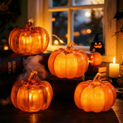 SKIKHN Herbstdeko Kürbis Deko mit LED Licht,4 Stück Erbst Deko Kürbis Laterne,Dekor Led-Kürbislampe,Herbst Dekoration,Kürbis Deko fur Herbst Tischdeko,Halloween,Thanksgiving,Garten Party Deko