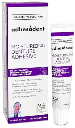 Dr. B Dental Solutions Adhesadent Moisturizing Denture Adhesive - Secure Denture Glue with Strong Grip & Natural Taste - Zinc-Free Dental Adhesive for Dentures, Overdentures - 2.4 oz