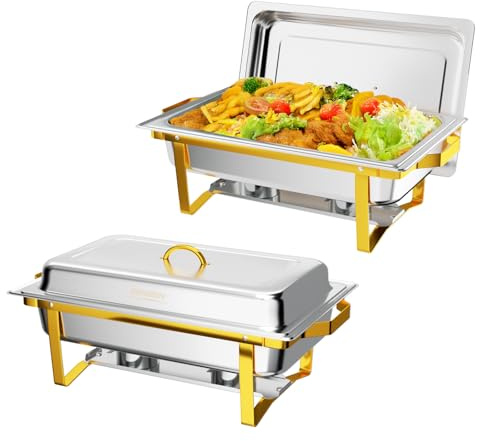 ROVSUN 8 Qt 2 Pack Full Size Stainless Steel Chafing Dishes Buffet Set, NSF Silver Rectangular Catering Chafer Warmer Set with Trays Pan Lid Folding Frame Stand for Kitchen Party Banquet Dining