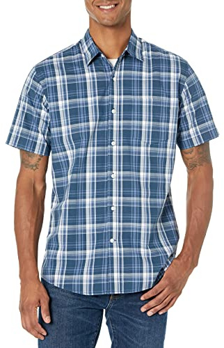 Amazon Essentials Camisa de Popelín de Manga Corta de Ajuste Normal Hombre, Azul Marino Cuadros Medio, XXL