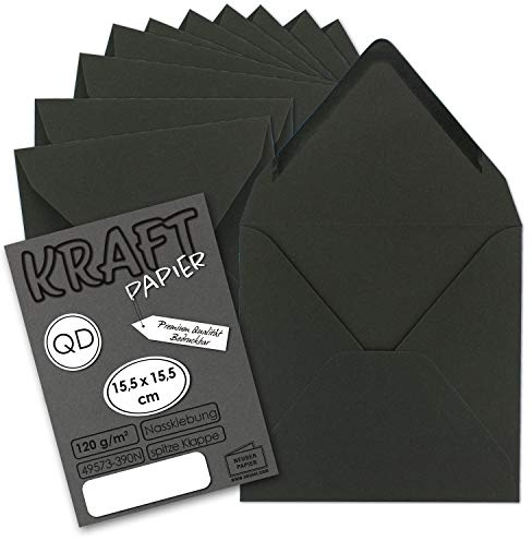 50 x vintagekuvert kvadratiska av svart kraftpapper – hållbart – 15,5 x 15,5 cm – fukthäftande spetsklaff – NEUSER papper