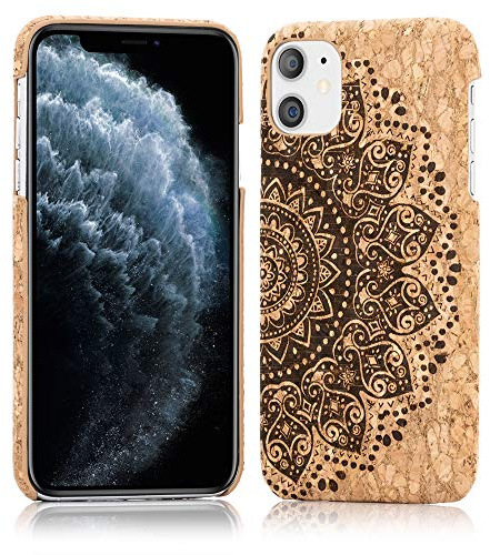 NALIA Coque en Liège Compatible avec iPhone 11, Slim Cork Hardcase Mince Housse Protection Rigide Nature, Dure Cover Bois Anti-Choc Wood Case Design Bumper Etui Protege, Motiv:Cork Mandala