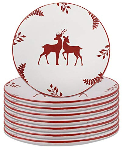 Dinner Plate Set of 8 Christmas Reindeer Stoneware Dinner Plates (Red) | Dishwasher Safe, Microwave Safe, Hand Finished, Ceramic, Glazed, Stag, Tableware, Christmas Crockery