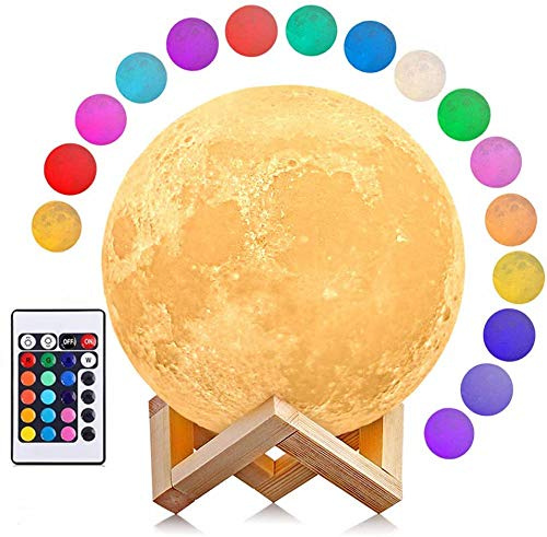 AGM LED Mondlampe 16 Farben Nachtlicht Stimmungslicht mit Fernbedienung und Touch-Steuerung Dimmbar Mondlamp Ø15 cm 3D Druck mit Holzhalterung für Schlafzimmer Café Bar Esszimmer