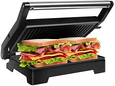 Gotoll Kontaktgrill Tischgrill, Panini & Sandwich Maker, doppelte Grillplatten, geöffnete 180° Kontakt-Grill, 1000 W, antihaftbeschichtet, isolierte Handgriffe, Edelstahlgehäuse