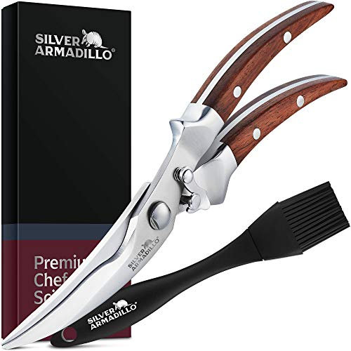 Silver Armadillo Heavy Duty Poultry Shears - Professional Stainless Steel Kitchen Scissors for Bone, Chicken, Meat, Fish & Vegetables - Spring Loaded (Brown Wood Handles)