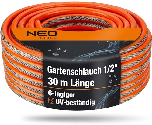 NEO TOOLS Gartenschlauch 1/2 Zoll, 30 m Länge, 6-lagiger, UV-beständig | Flexibel Schlauch, Verdrehschutz, Wasserschlauch aus Erst-PVC mit Anti-Algen-Innenausstattung