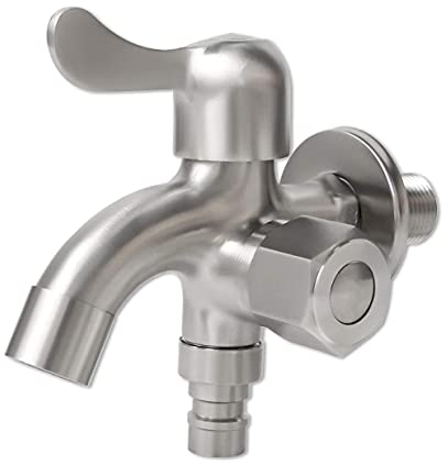 JZK 1/2 Zoll 304 Edelstahl Doppelhahn, Doppelhahn mit Auslassventil, Doppelauslasshahn für Waschmaschine und Gartenschlauch, Zweiwege-Wasserhahn, Double Outlet Garden Wasserhahn