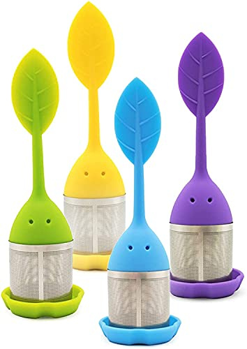 4Leaf Silicone Tea Infusers - 4 Pack Extra Fine Mesh Loose Leaf or Herbal Tea Filter Steeper with Silicone Lids