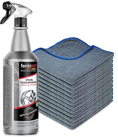 ferdotec® Spezial Felgenreiniger (1 x 1 L) kraftvoll & säurefrei + 12 x Mikrofasertücher 380GSM 40 x 40 cm (blau/anthrazit) | Autofelgenreiniger mit Wirkindikator | Premium Felgenpflege