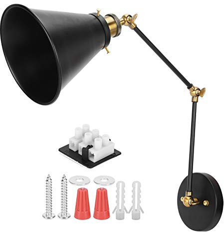 Gaeirt Small Wall Lamp, E27 Black Swing Arm Wall Sconce, Vintage Industrial Metal Lamps Lighting Fixture, Adjustable Reading Light, for Bedside/Library/Bedroom