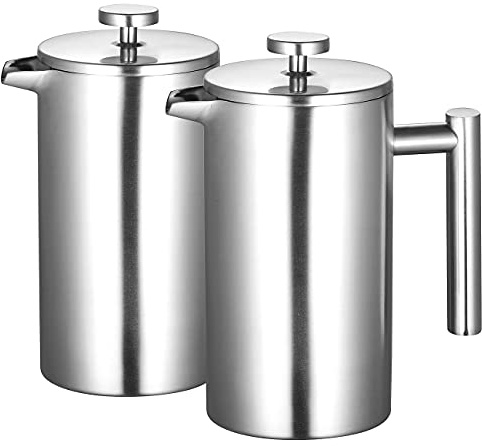 Rosenstein & Söhne Isolier Kaffeebereiter: 2er-Set Thermo-Kaffeebereiter, French-Press, Edelstahl, 1 Liter (doppelwandig, Press-Kaffeemaschine, Tasse)
