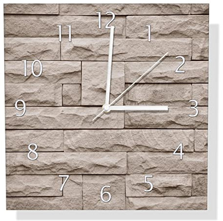 Wallario Design Wanduhr Steinwand grau-braun aus Aluverbund, Alu-Uhr Größe 30 x 30 cm, weiße Zeiger mit Metalloptik