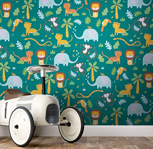 NEWROOM Tapete Bunt Vliestapete Tiere - Kinderzimmertapete Kinder Grün Petrol Dschungel Zoo Dschungeltapete Tropisch Tiertapete inkl. Tapezier-Ratgeber