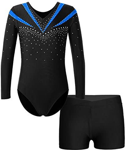 Alvivi Kinder Mädchen Turnanzug Gymnastikanzug Langarm Tanzbody mit Shorts Glitzer Ballettanzug Ballett Trikot Leotard Fitness Sport Training Wettkampf Blau 146-152