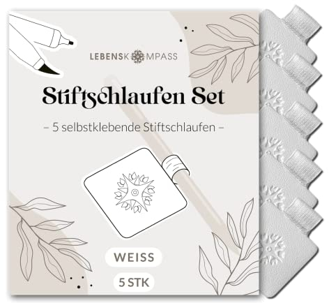 Lebenskompass® Stiftschlaufe Selbstklebend Set (5 x Stück Weiß) aus hochwertigem Veganem PU-Leder Pen Loop & Stifthalterung für Kalender, Bullet Journal und Tagebuch