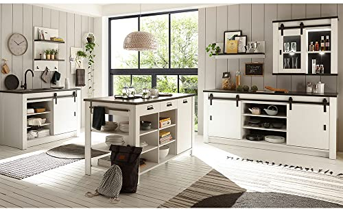 Lomadox Küchenmöbel Küchen Komplett Set, Industrial Stil in Pinie weiß Nb. mit anthrazit, Spülschrank 133cm + 201cm, Kücheninsel mit Softclose, Hängevitrine mit Scheunentorbeschlag, Wandregalen
