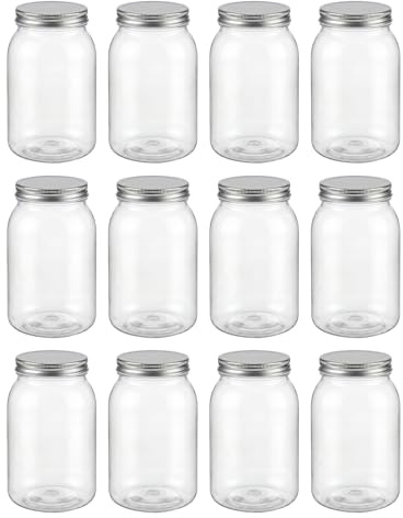 Novelinks 32 OZ Clear Plastic Mason Jar with Lids - Dishwasher Safe Storage Jars for Kitchen & Household (12 Pack, Silver)