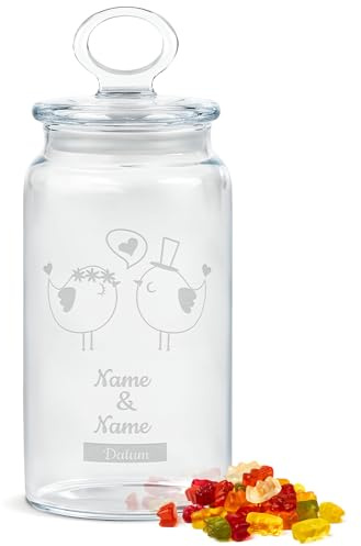Print Royal PR Personalisierte Keksdose aus Glas mit Gravur zur Hochzeit - 1100 ml - Vögel mit Namen und Datum als Geschenk zur Hochzeit | Personalisiertes Geschenk Ideen Hochzeitsgeschenk