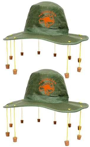 Australian Cork Hat - Green Hat with Orange Kangaroo Print and Attached Corks on Strings - Australia Day Fancy Dress Costume Accessory